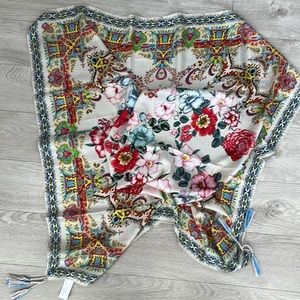 JOHNNY WAS silk scarf with tassels. Cream with pinks, yellow, blue & green. $50